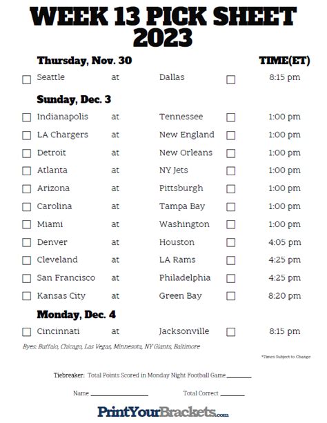 For more detailed information about NFL flexible scheduling procedures for the 2023 NFL Season,. . Printable nfl schedule week 13